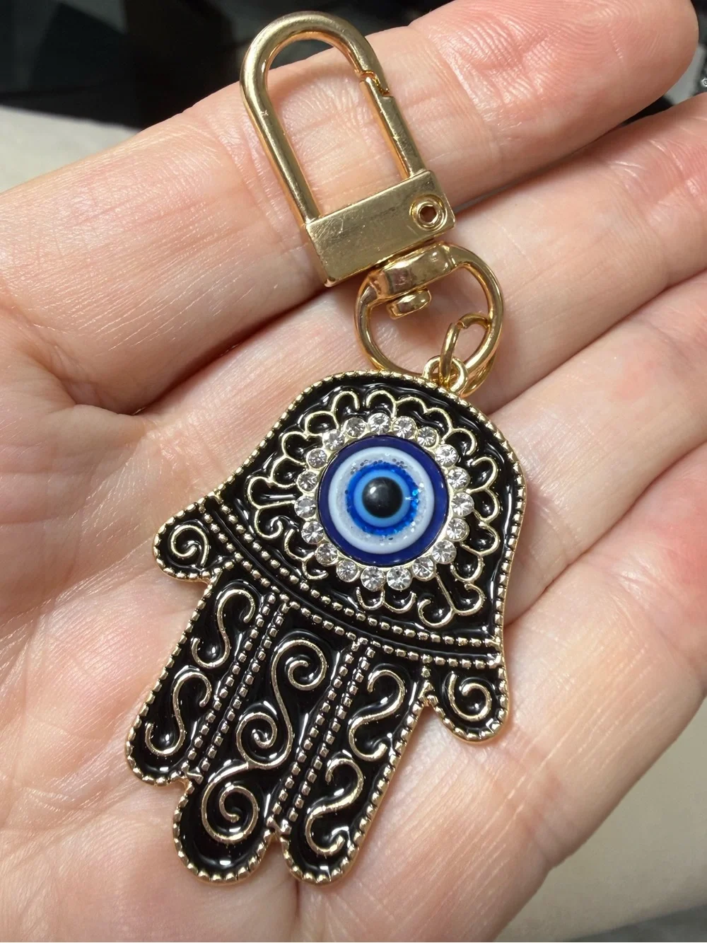 Gold Hamsa Hand Keychain with Blue Evil Eye
